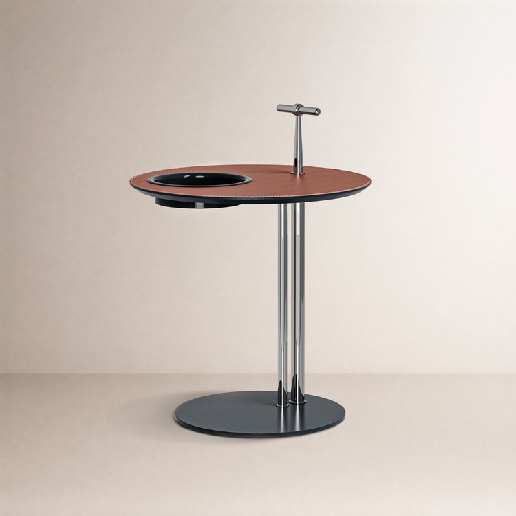 [Pre-Sale] 19-Inch Round Sofa Side Table with Built-In Cup Holder - Brown Saddle Leather Top End Table