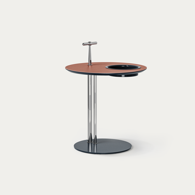 [Pre-Sale] 19-Inch Round Sofa Side Table with Built-In Cup Holder - Brown Saddle Leather Top End Table