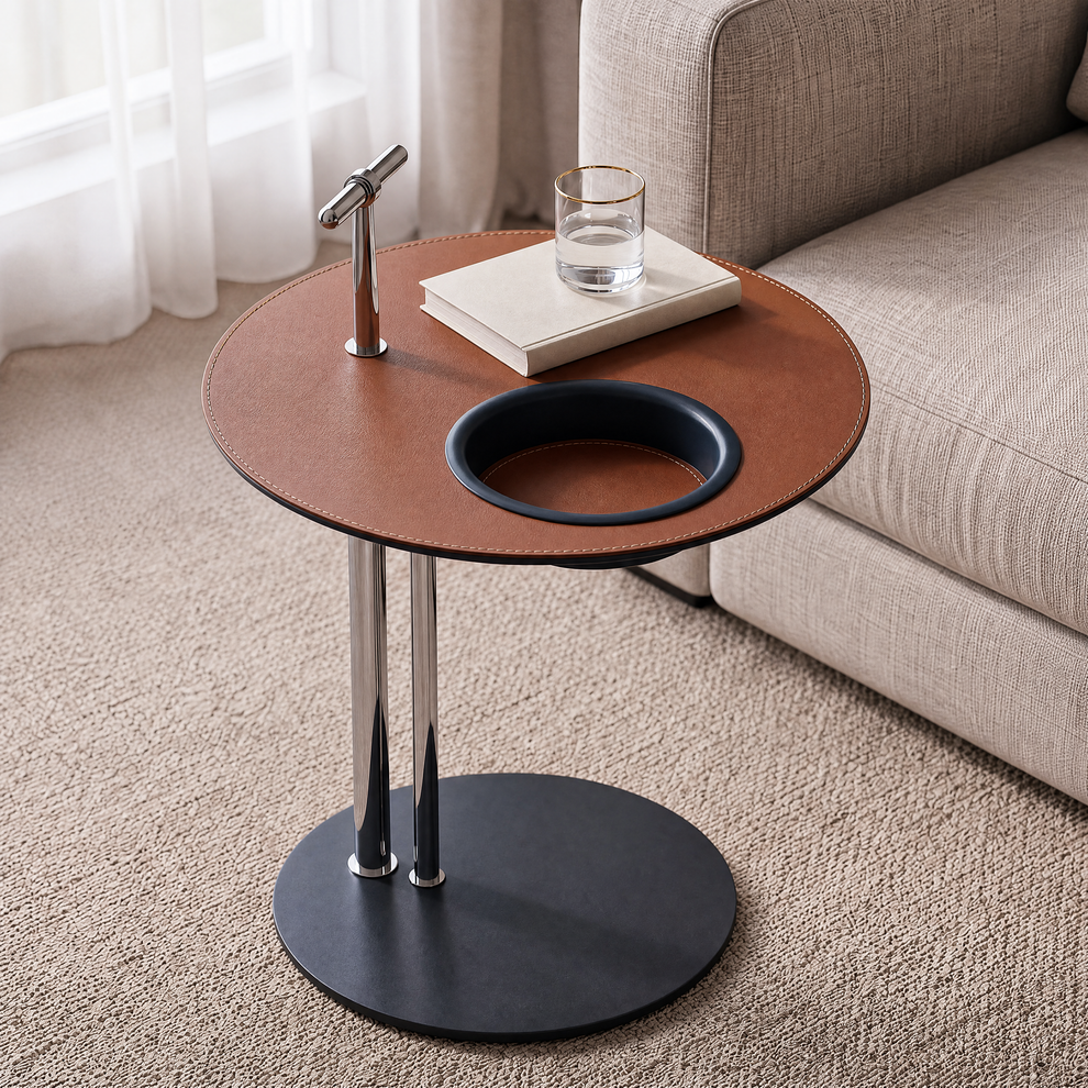 [Pre-Sale] 19-Inch Round Sofa Side Table with Built-In Cup Holder - Brown Saddle Leather Top End Table