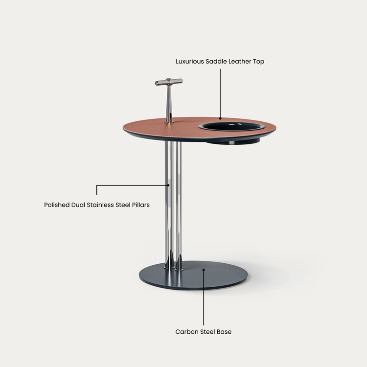 [Pre-Sale] 19-Inch Round Sofa Side Table with Built-In Cup Holder - Brown Saddle Leather Top End Table