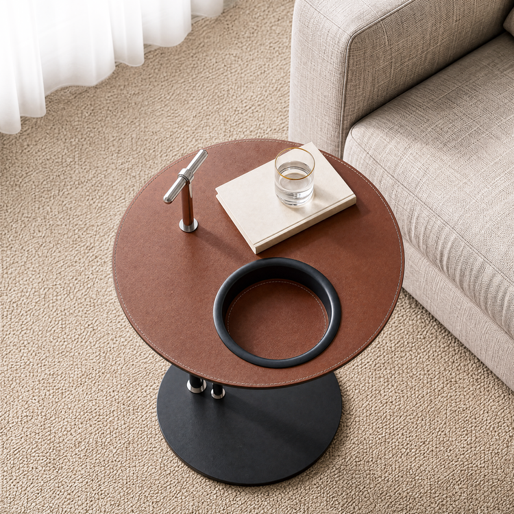 [Pre-Sale] 19-Inch Round Sofa Side Table with Built-In Cup Holder - Brown Saddle Leather Top End Table