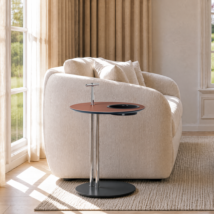[Pre-Sale] 19-Inch Round Sofa Side Table with Built-In Cup Holder - Brown Saddle Leather Top End Table