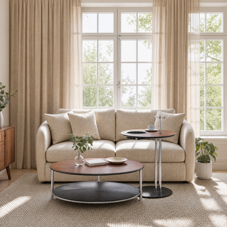 [Pre-Sale] 19-Inch Round Sofa Side Table with Built-In Cup Holder - Brown Saddle Leather Top End Table