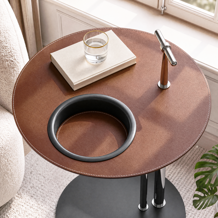[Pre-Sale] 19-Inch Round Sofa Side Table with Built-In Cup Holder - Brown Saddle Leather Top End Table