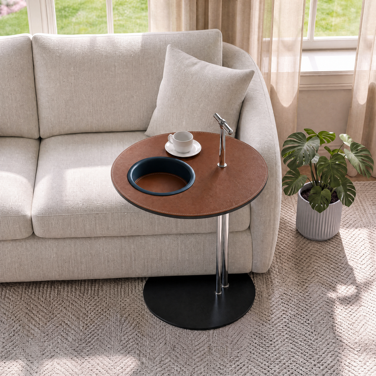 [Pre-Sale] 19-Inch Round Sofa Side Table with Built-In Cup Holder - Brown Saddle Leather Top End Table
