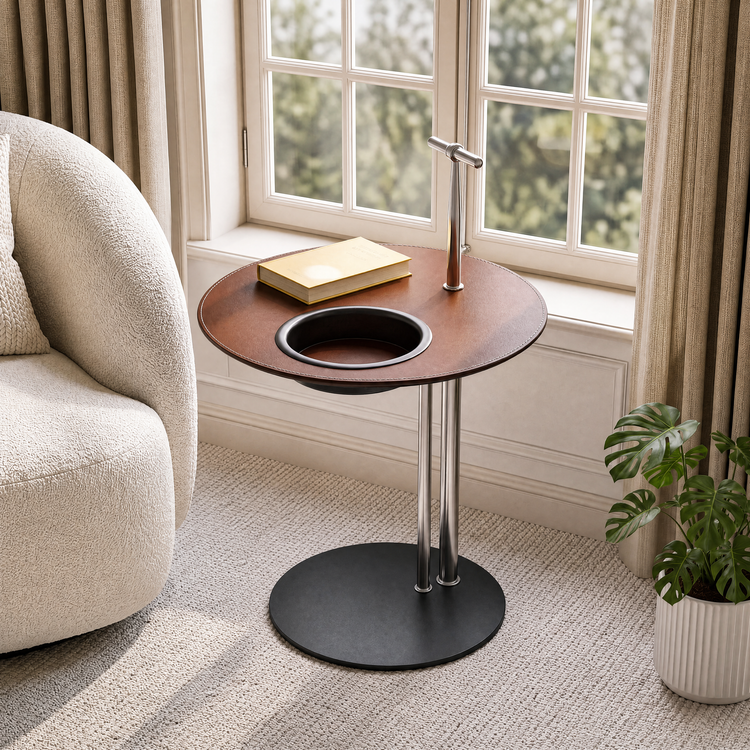 [Pre-Sale] 19-Inch Round Sofa Side Table with Built-In Cup Holder - Brown Saddle Leather Top End Table