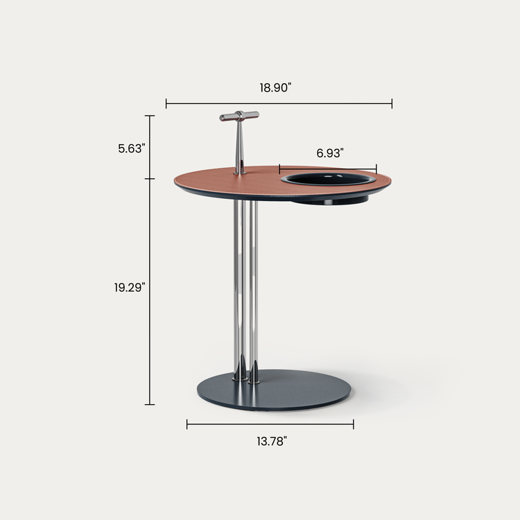 [Pre-Sale] 19-Inch Round Sofa Side Table with Built-In Cup Holder - Brown Saddle Leather Top End Table