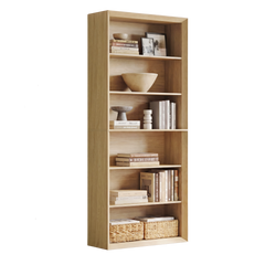 Tall light wood bookcase with open shelves and two woven baskets, Books and decorative bowls fill several shelves