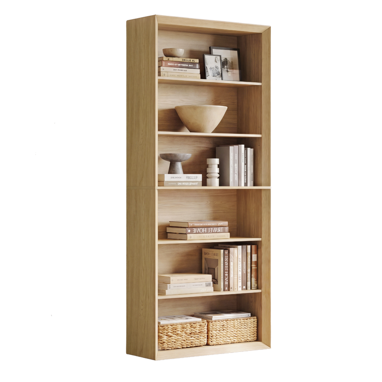 Tall light wood bookcase with open shelves and two woven baskets, Books and decorative bowls fill several shelves