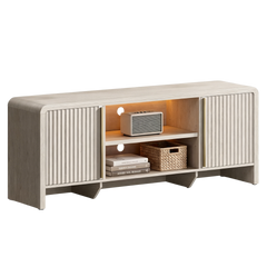 Low cream cabinet has ribbed side doors and two open center shelves