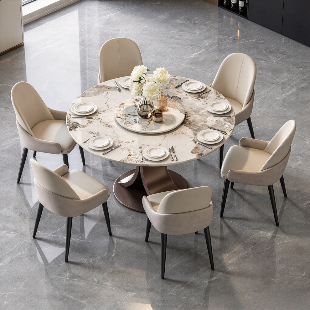 47.2" Pandora Glossy Sintered Stone Round Dining Table, Curved Base, Seats 4-6