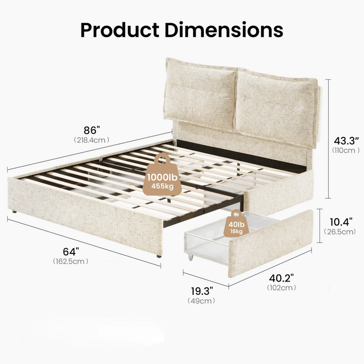 Upholstered bed frame with slatted base, padded headboard, and an open underbed drawer.