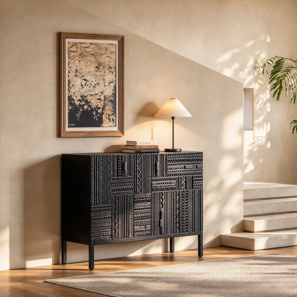 47.24" Black Teak Sideboard, Tabwa Geometric Carved 3-Door Buffet Cabinet