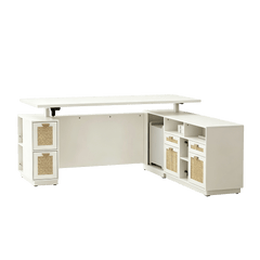 White corner desk has a raised shelf, drawers, cabinets, and open compartments