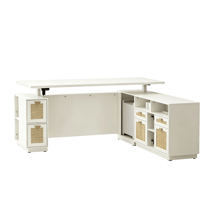 White corner desk has a raised shelf, drawers, cabinets, and open compartments