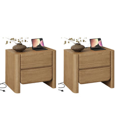 Two light wood two-drawer nightstands shown side by side, Each top holds a vase, tablet, keyboard, and cable