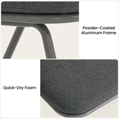 Two close-ups show a dark chair's rounded metal frame and textured cushion with labels describing the materials