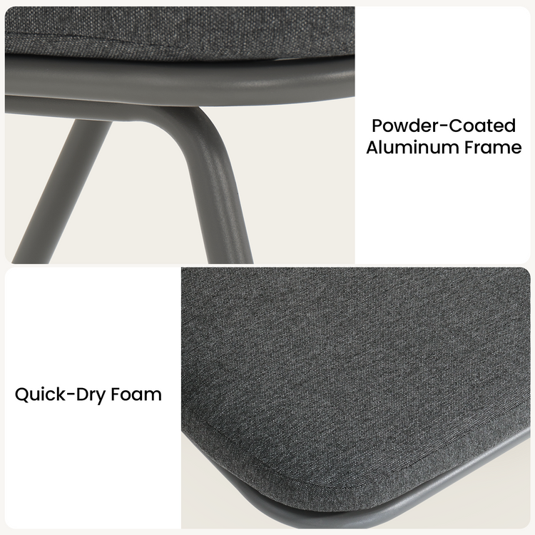 Two close-ups show a dark chair's rounded metal frame and textured cushion with labels describing the materials