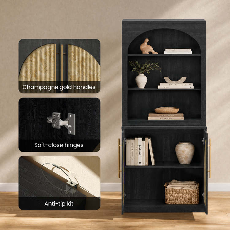 [Pre-Sale] Harmo Block 70" Arched Bookcase with Doors,  Hall Tree & Entryway Cabinet, Black&Burl Wood