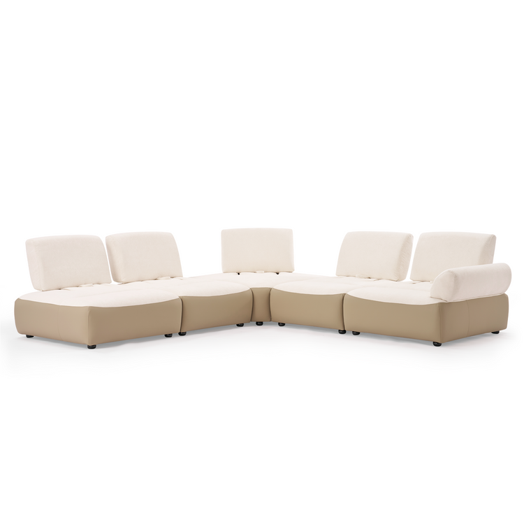Curved modular sectional with cream cushions, tan bases, five backrests, and a bolster arm.