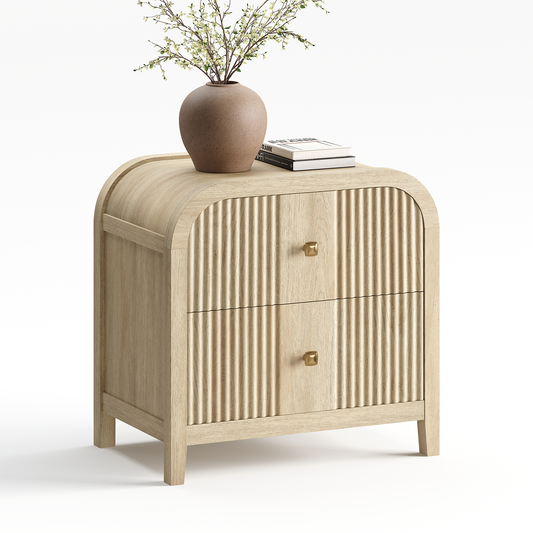 23.9" Natural Wood 2-Drawer Nightstand with Fluted Front