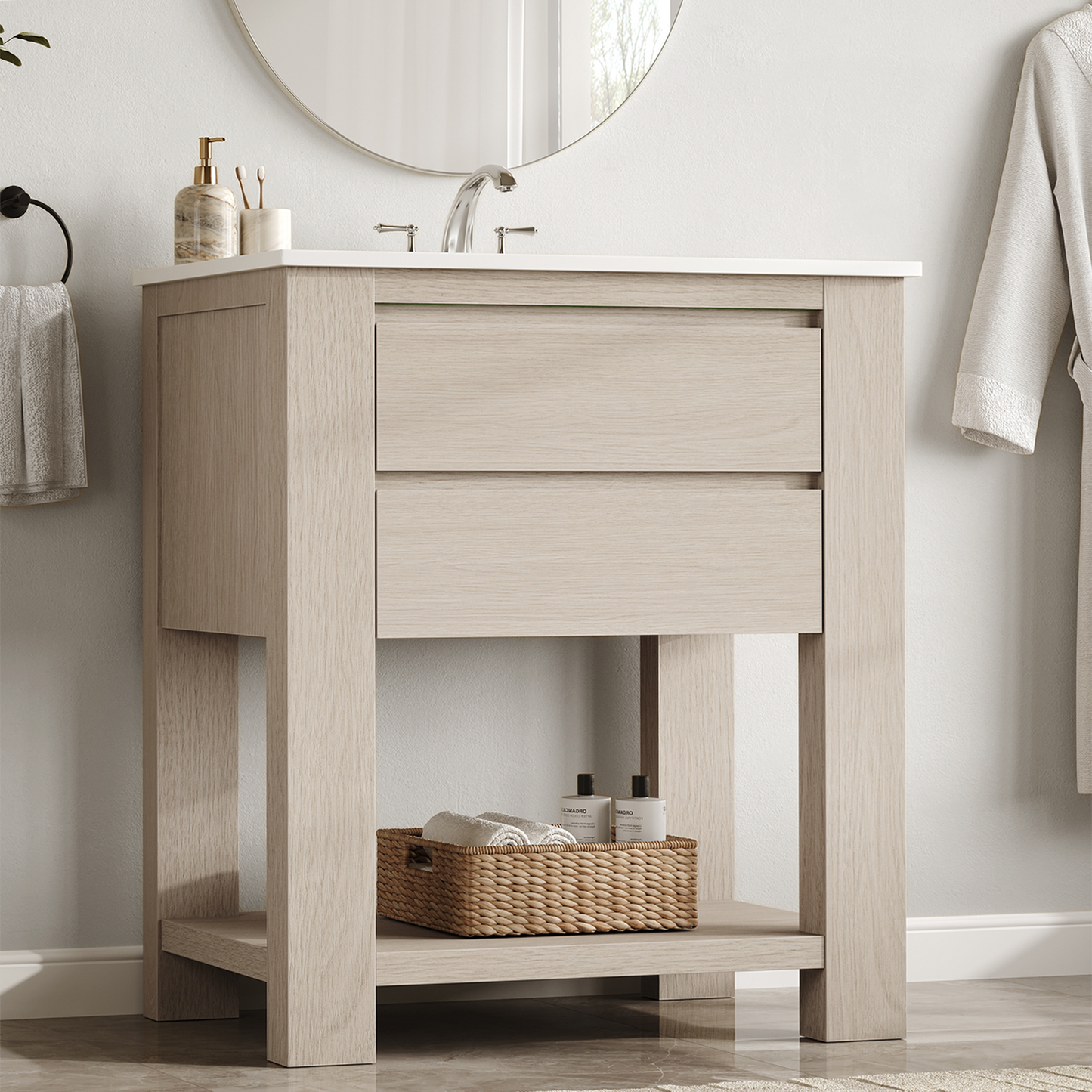 Nolan 30" White Oak Freestanding Vanity with 2 Drawers & Integrated Sink