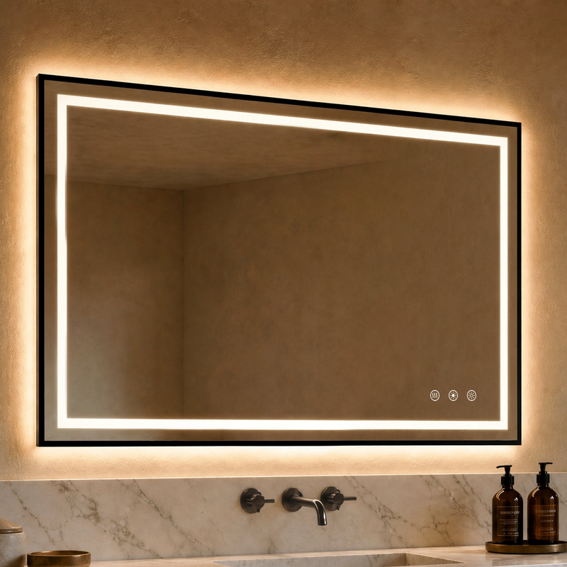 Rectangular black-framed bathroom mirror with illuminated border and touch controls.