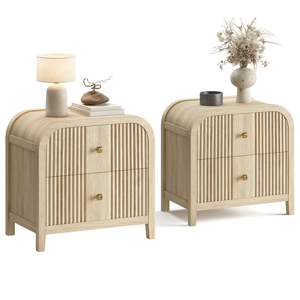 [Pre-Sale] 23.9" Natural Wood 2-Drawer Nightstand with Fluted Front,Set of 2