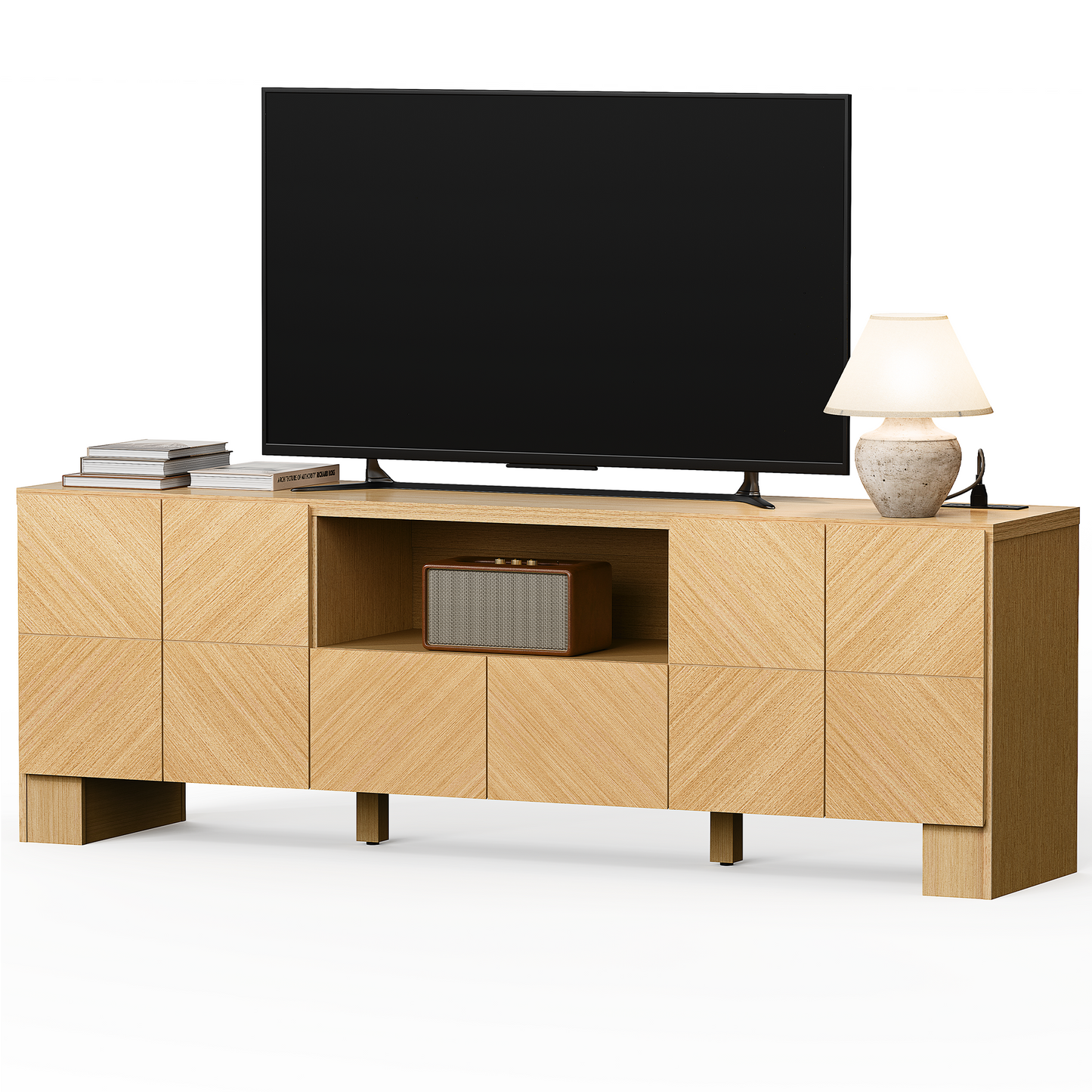 Galileo 70" Modern TV Stand with Outlet and Storage Cabinet,Natural Oak