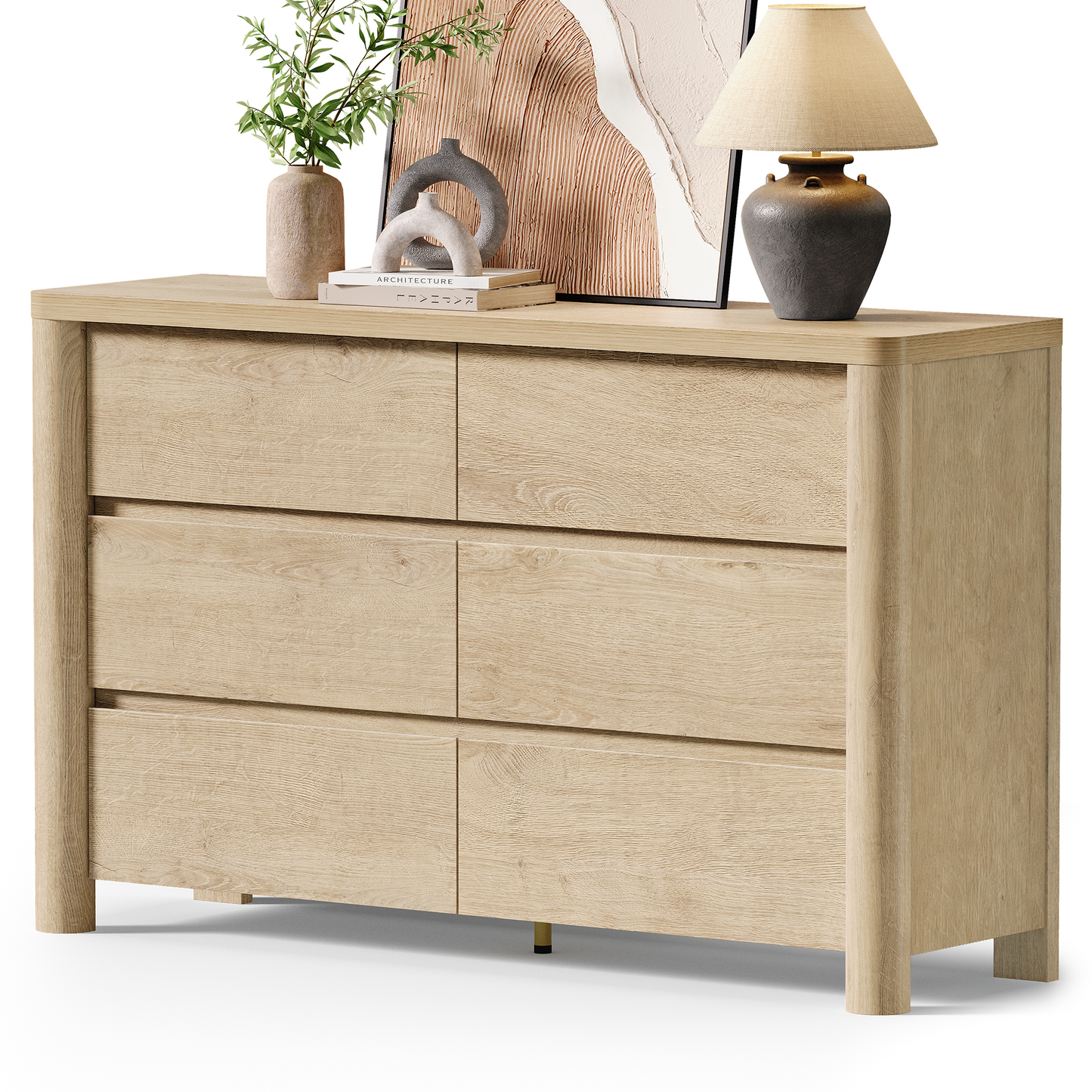 [Pre Sale] 52.8" Natural Wood Rounded 6 Drawer Dresser