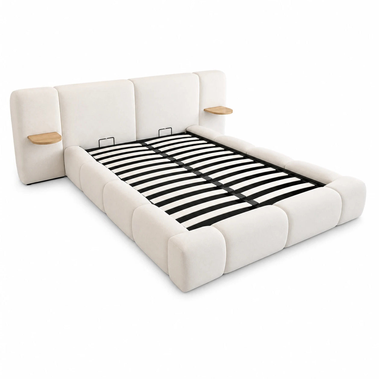 Cloud Cream King Lift-Up Storage Bed Frame with Built-in Nightstands