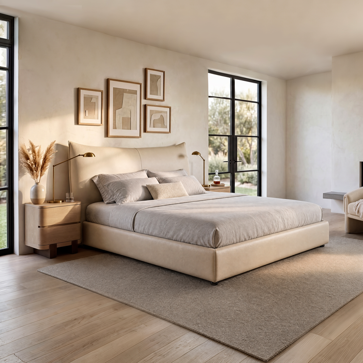 Upholstered platform bed with a tall cushioned headboard in a neutral bedroom.
