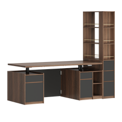 Large brown office desk unit with side cabinets, drawers, open shelves, and a tall attached bookcase