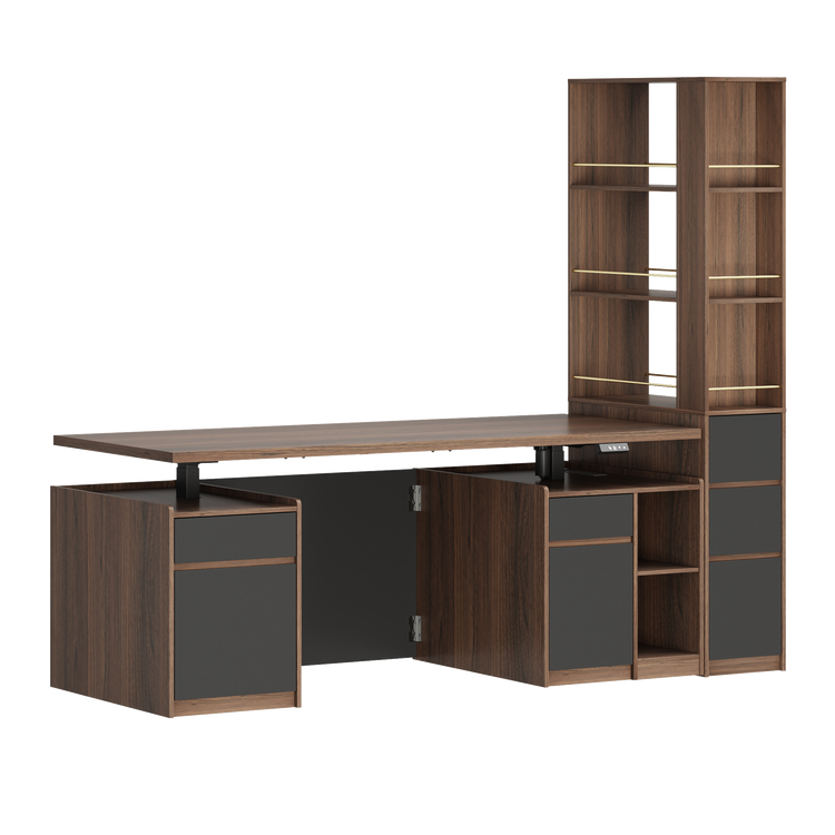 Large brown office desk unit with side cabinets, drawers, open shelves, and a tall attached bookcase