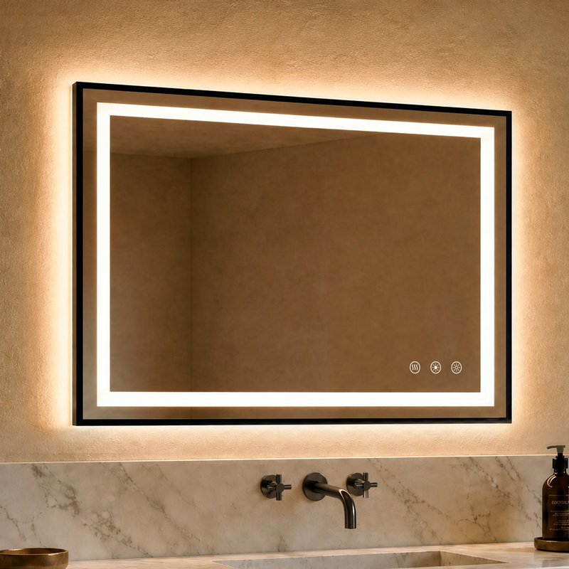 Illuminated rectangular mirror with a black frame above a bathroom sink.