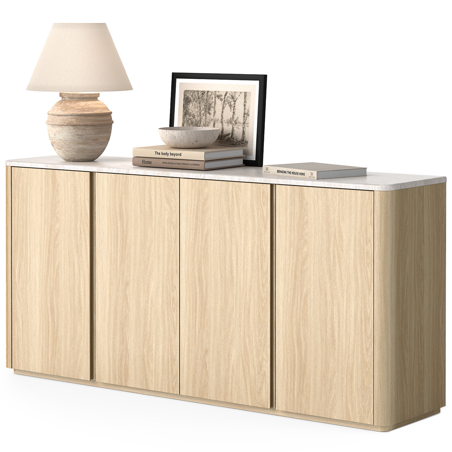 Travertine Wood 4-Door Handleless Soft-Close Sideboard