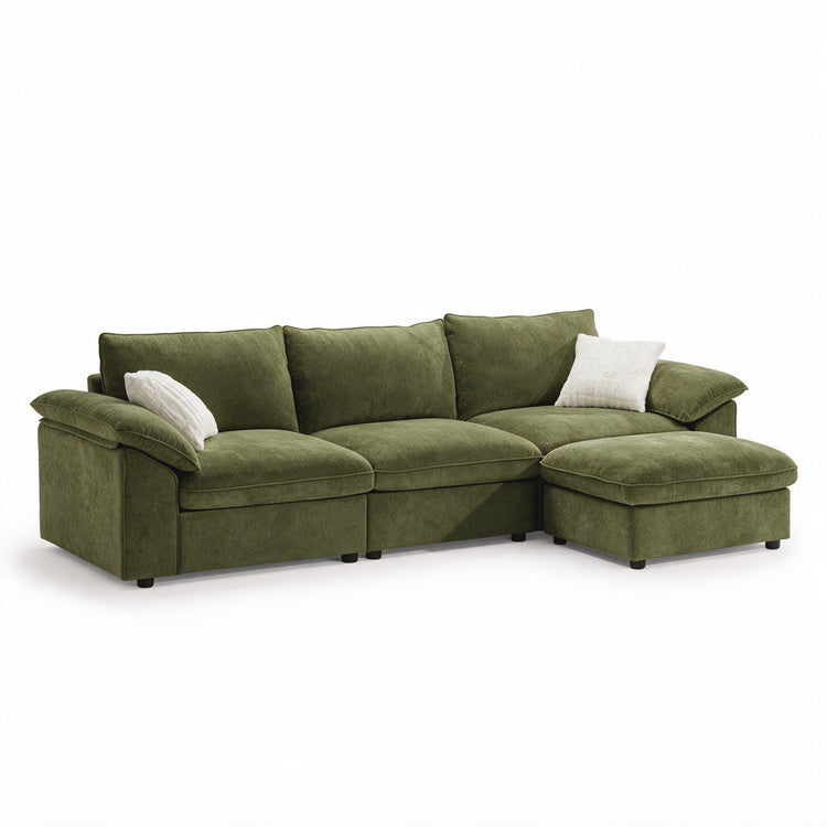Sofá modular en forma de L Dreamboat de chenilla con otomana de almacenamiento, beige