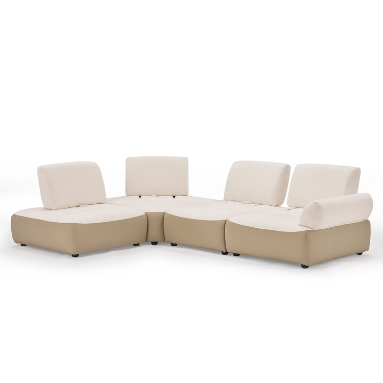 Curved modular sectional sofa with cream cushions, tan bases, and a right-side armrest.