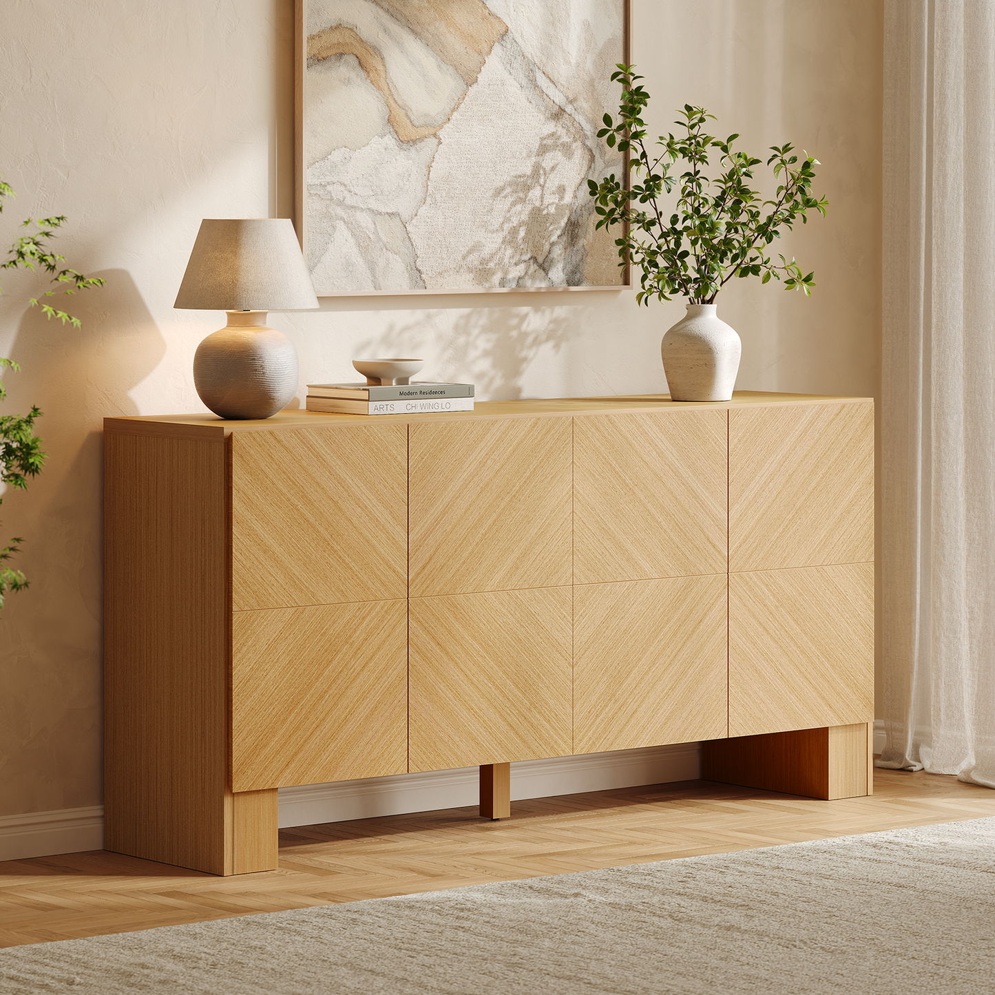 Galileo 63" Sideboard Buffet Cabinet with 4 Doors, Large Credenza Sideboard, Natural Oak