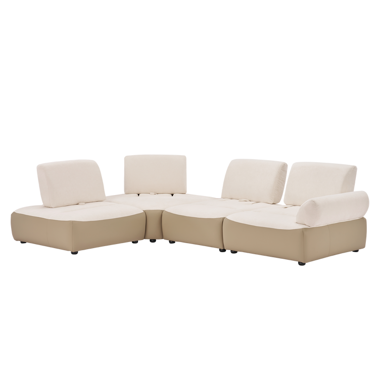 Curved beige sectional sofa with white cushions and matching back pillows.