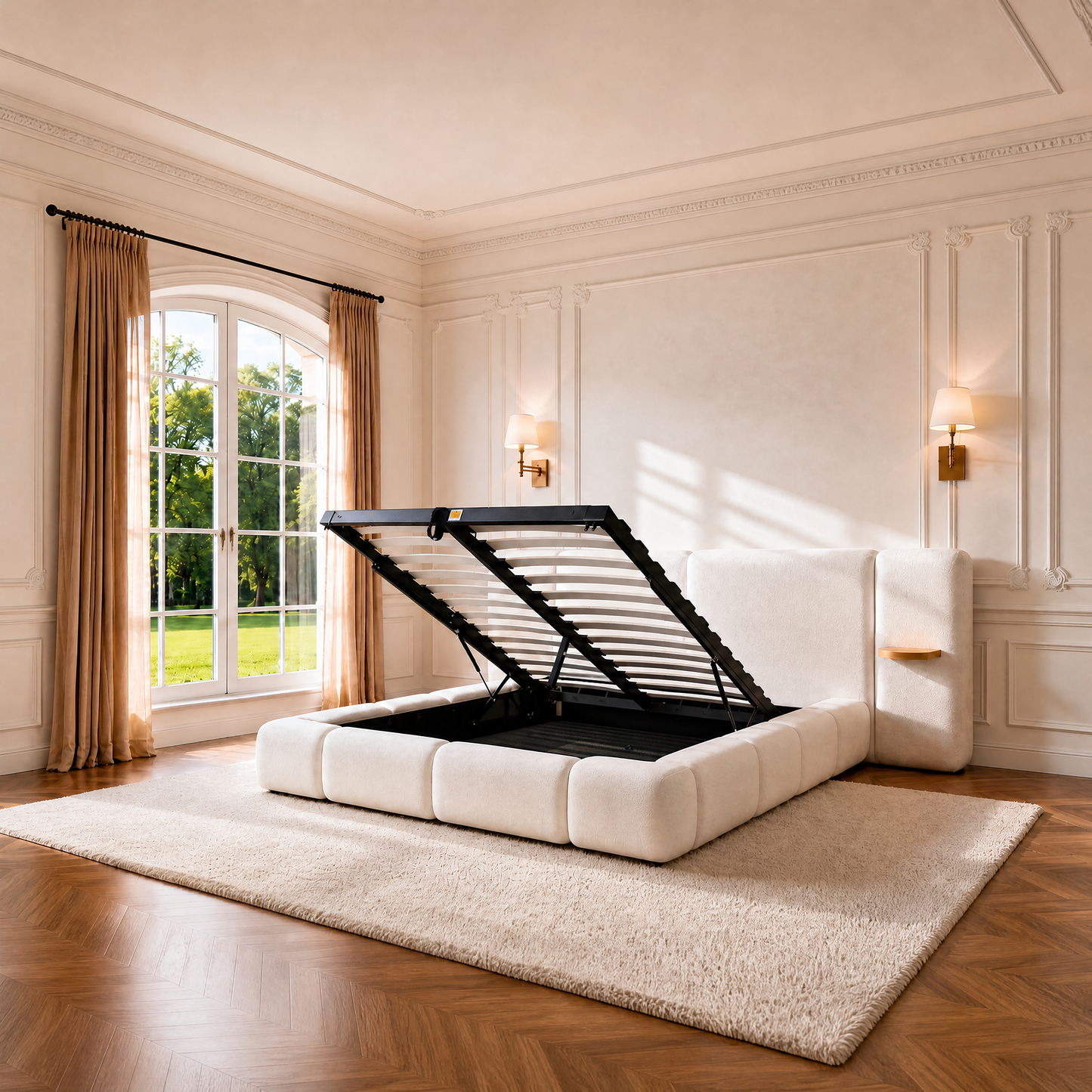 Cloud Cream King Lift-Up Storage Bed Frame with Built-in Nightstands