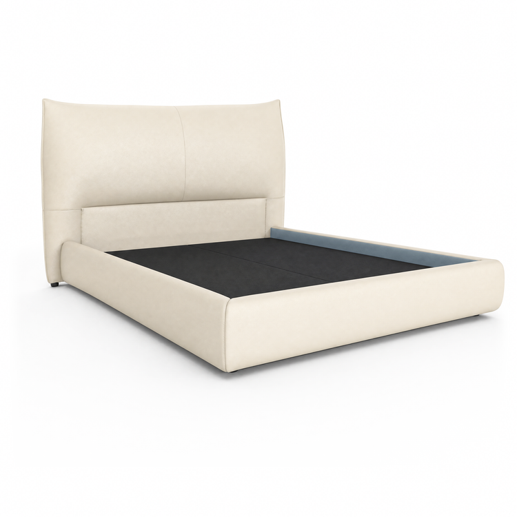 Beige Channel Tufted Upholstered Bed, Queen, Faux Leather Headboard