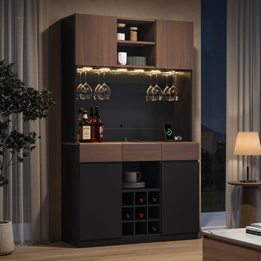 Whisper Series 71" Black Wine Bar Cabinet with LED & Storage