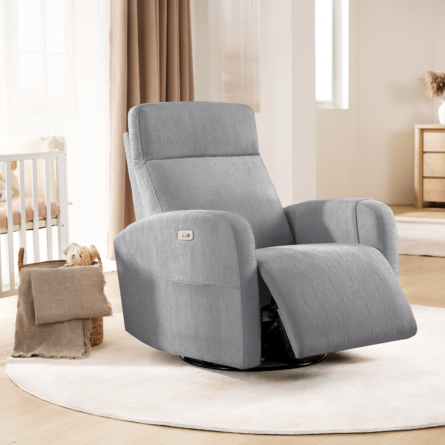 Nursery Power Swivel Glider Recliner with Adjustable Headrest & USB-C、Grey