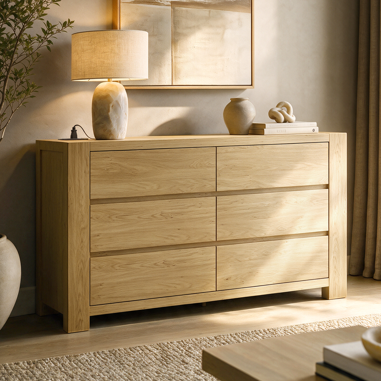 A light wood dresser with six drawers stands against a wall, topped with a lamp, a vase, books, and a small sculpture.