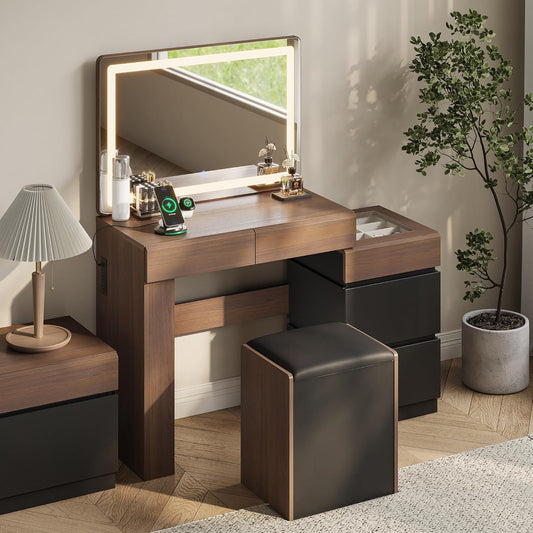 Whisper Series Vanity with LED Mirror, Drawers, Stool & Charging