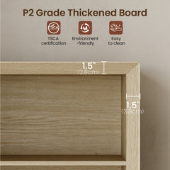 Close-up graphic of a light wood cabinet corner includes board-thickness marks and certification and care icons