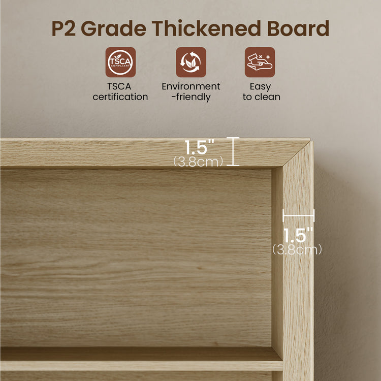 Close-up graphic of a light wood cabinet corner includes board-thickness marks and certification and care icons