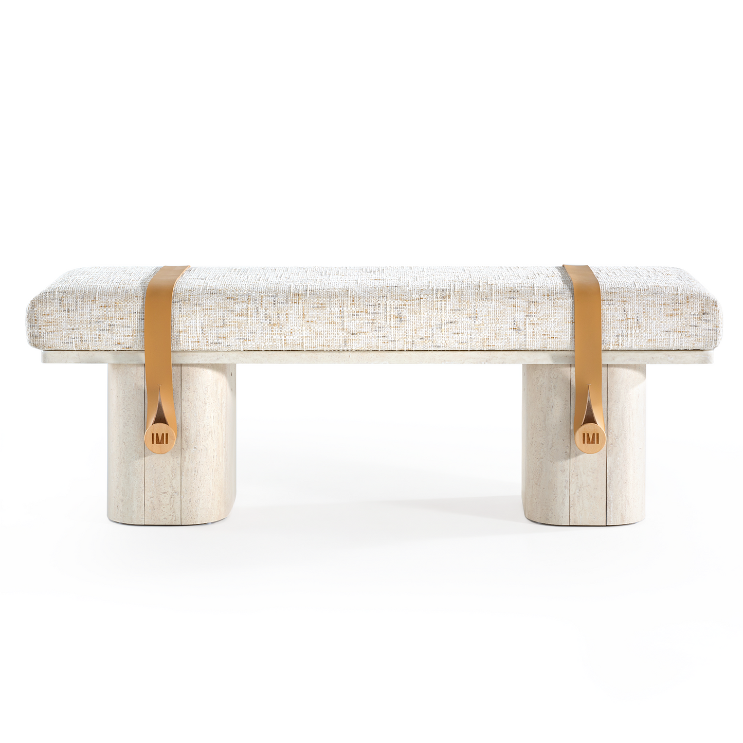 Freya Upholstered Bench, Sandstone Beige – Faux Travertine Base & Leather Accents