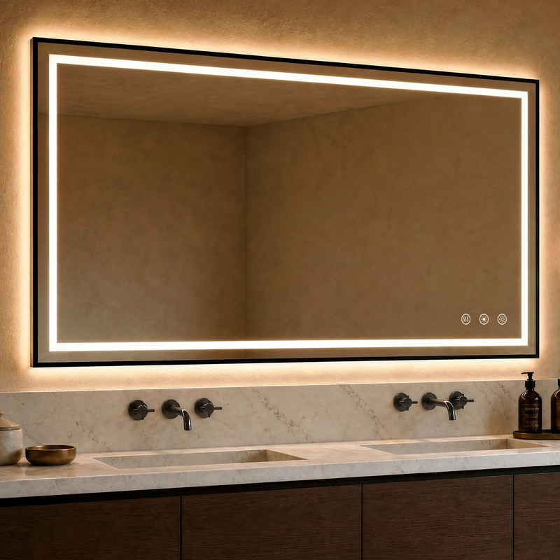 Illuminated black-framed mirror above a marble double vanity with wall-mounted faucets.